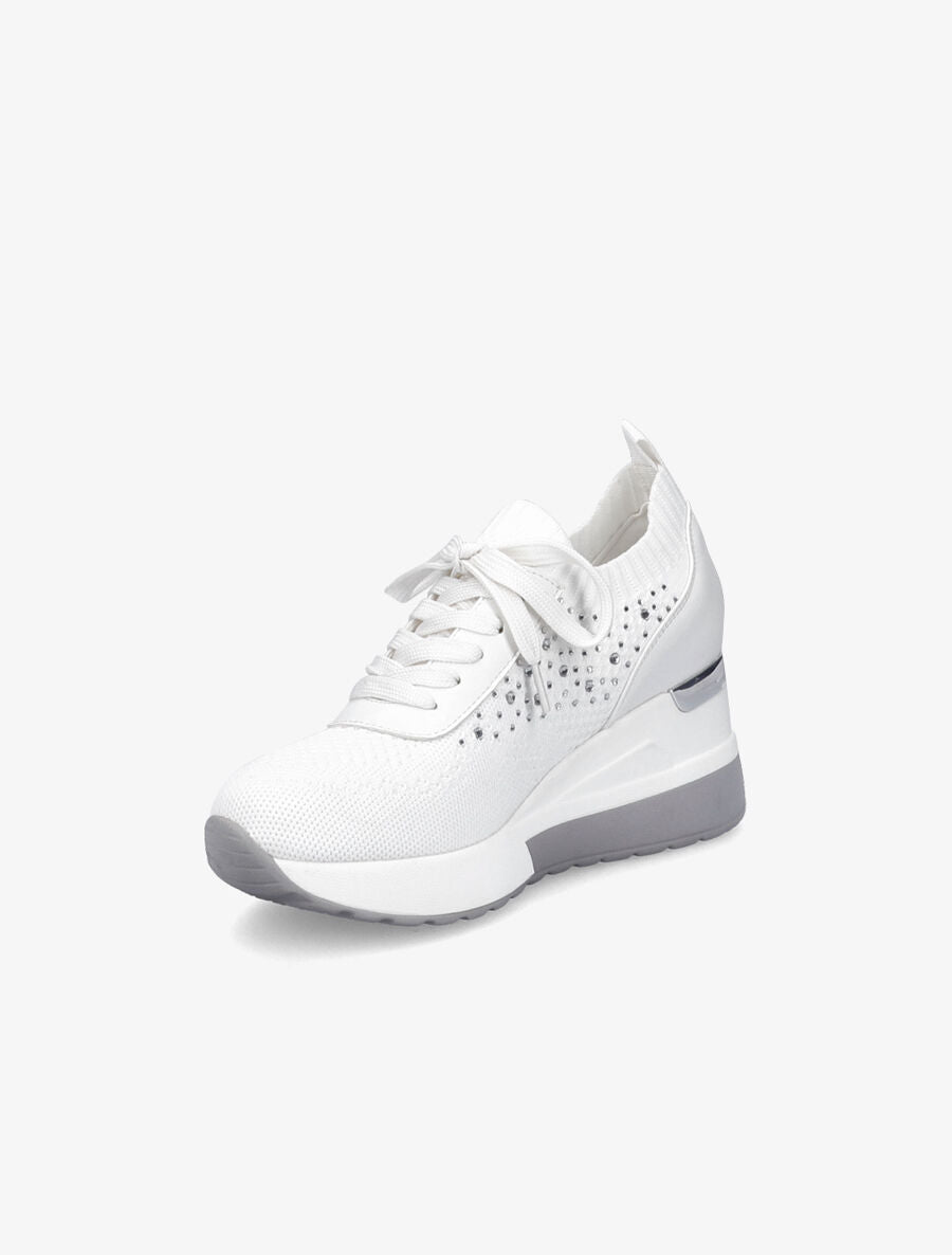 Baskets compensées à lacets et détail strass - Blanc - 3