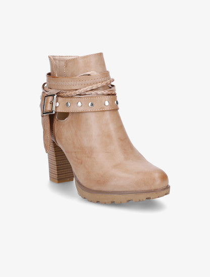 Bottines à talons et lanières cloutées - Camel - 2