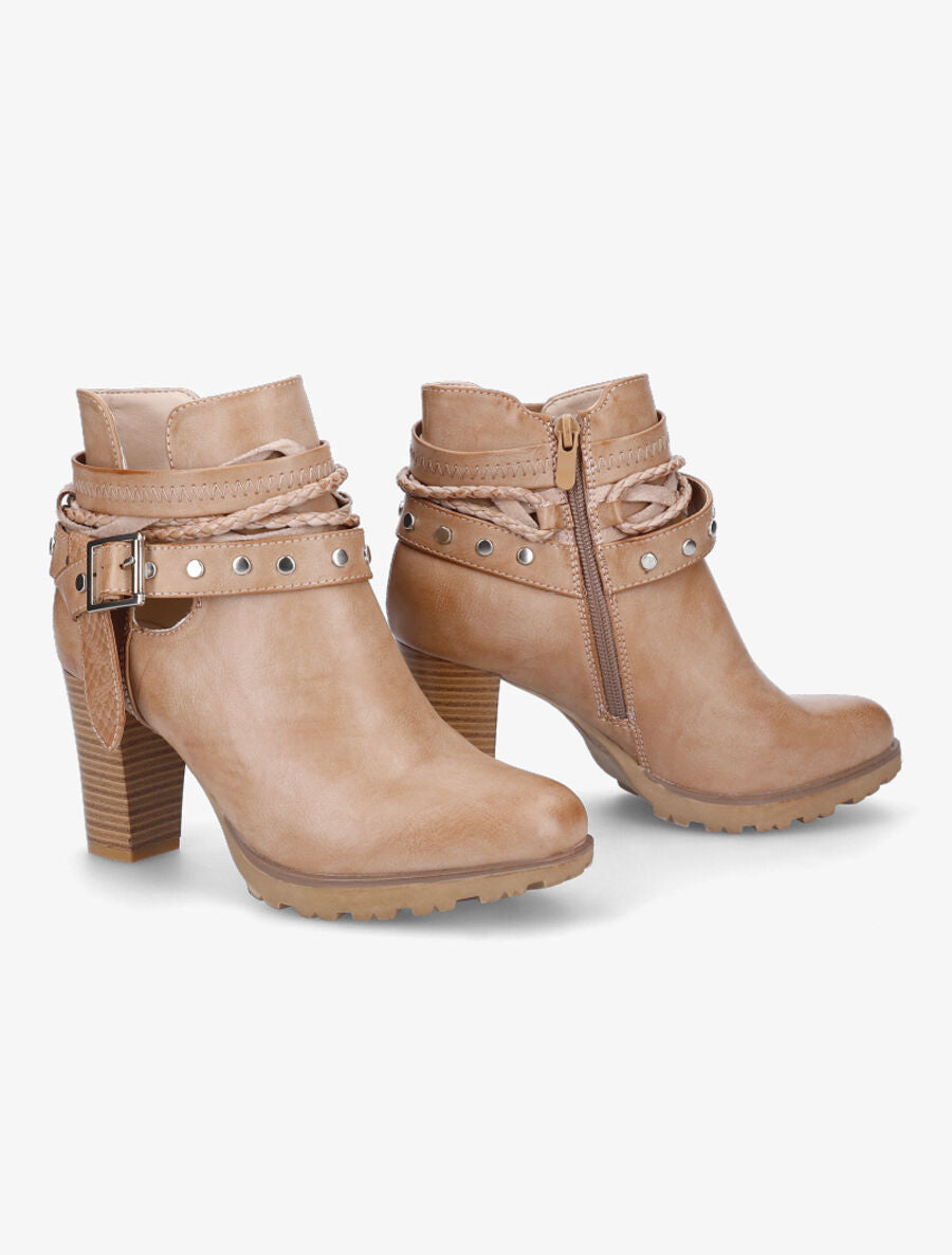 Bottines à talons et lanières cloutées - Camel - 4