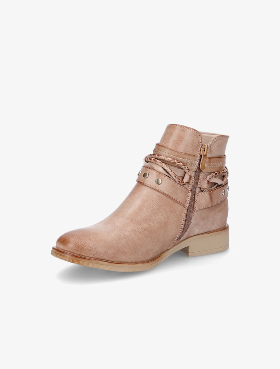 Bottines à lanières cloutées et liens - Camel - 3