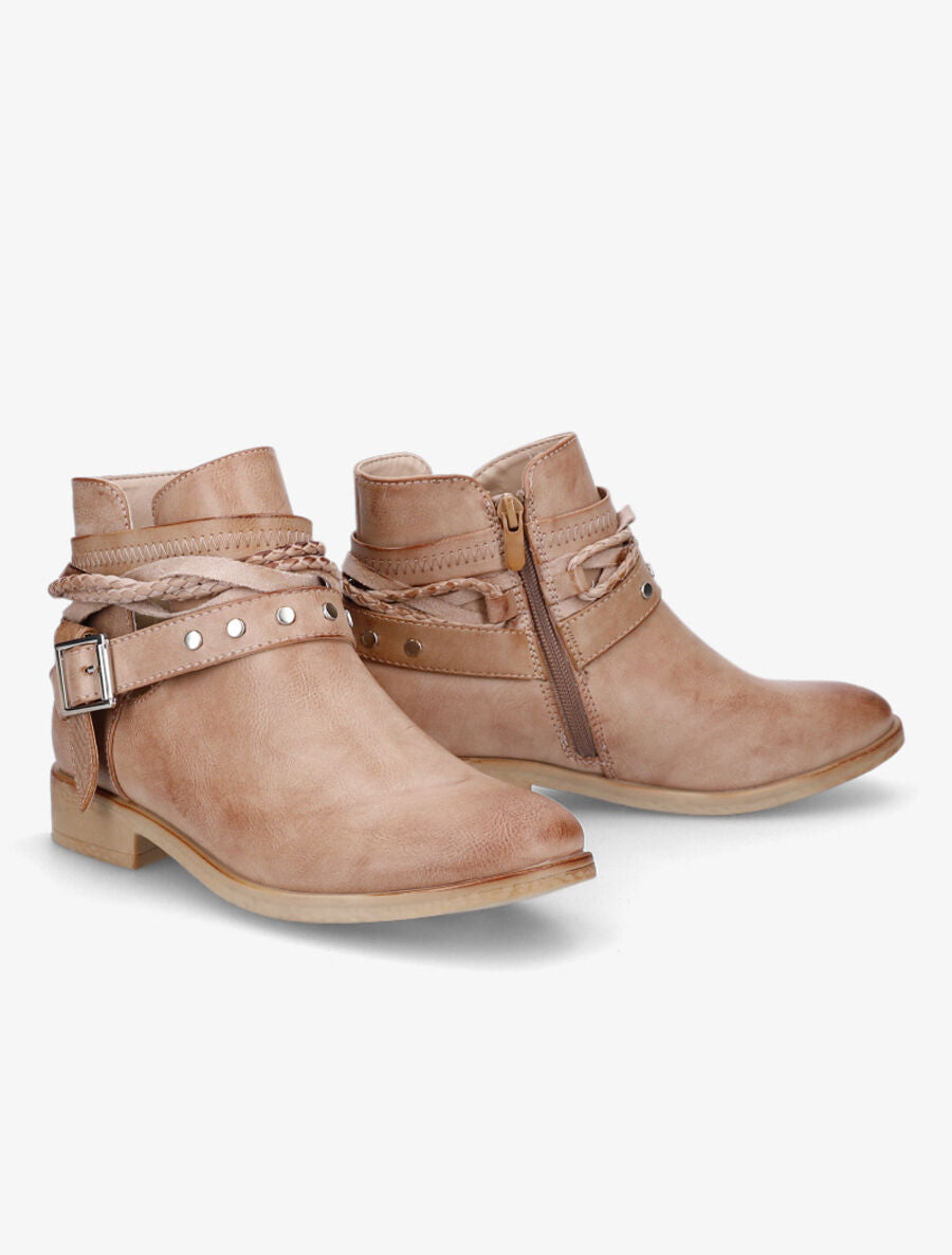 Bottines à lanières cloutées et liens - Camel - 4