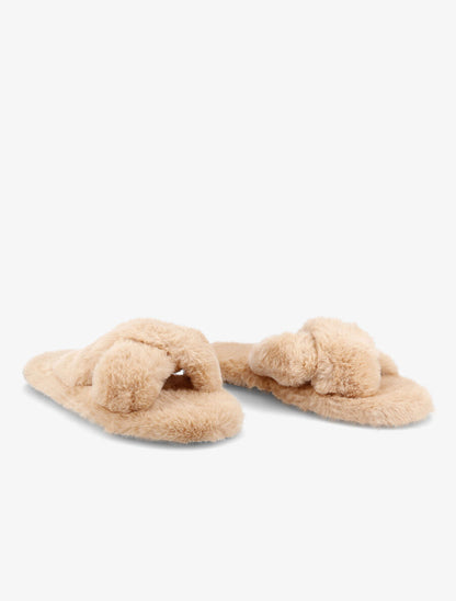 Claquettes à ganses croisées en fourrure synthétique - Camel - 4