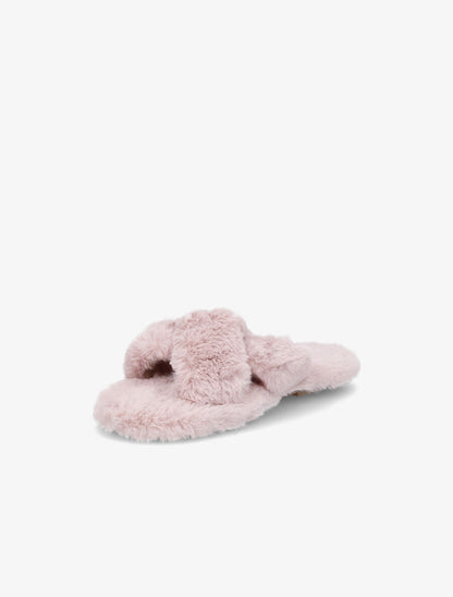 Claquettes à ganses croisées en fourrure synthétique - Rose - 3