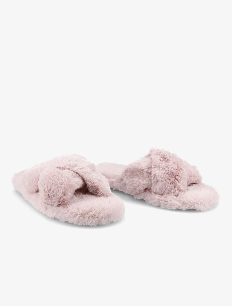Claquettes à ganses croisées en fourrure synthétique - Rose - 4