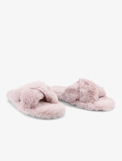 Claquettes à ganses croisées en fourrure synthétique - Rose - 4