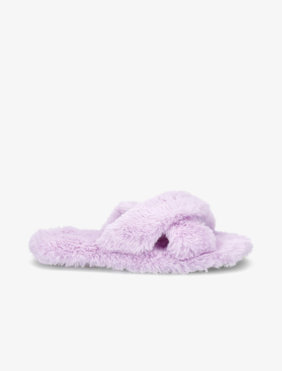 Claquettes à ganses croisées en fourrure synthétique - Lilas - 1