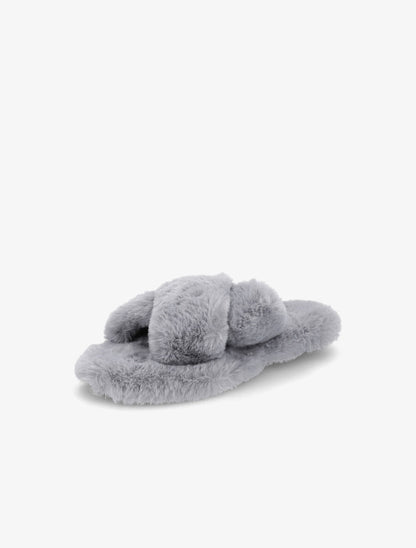 Claquettes à ganses croisées en fourrure synthétique - Gris - 3