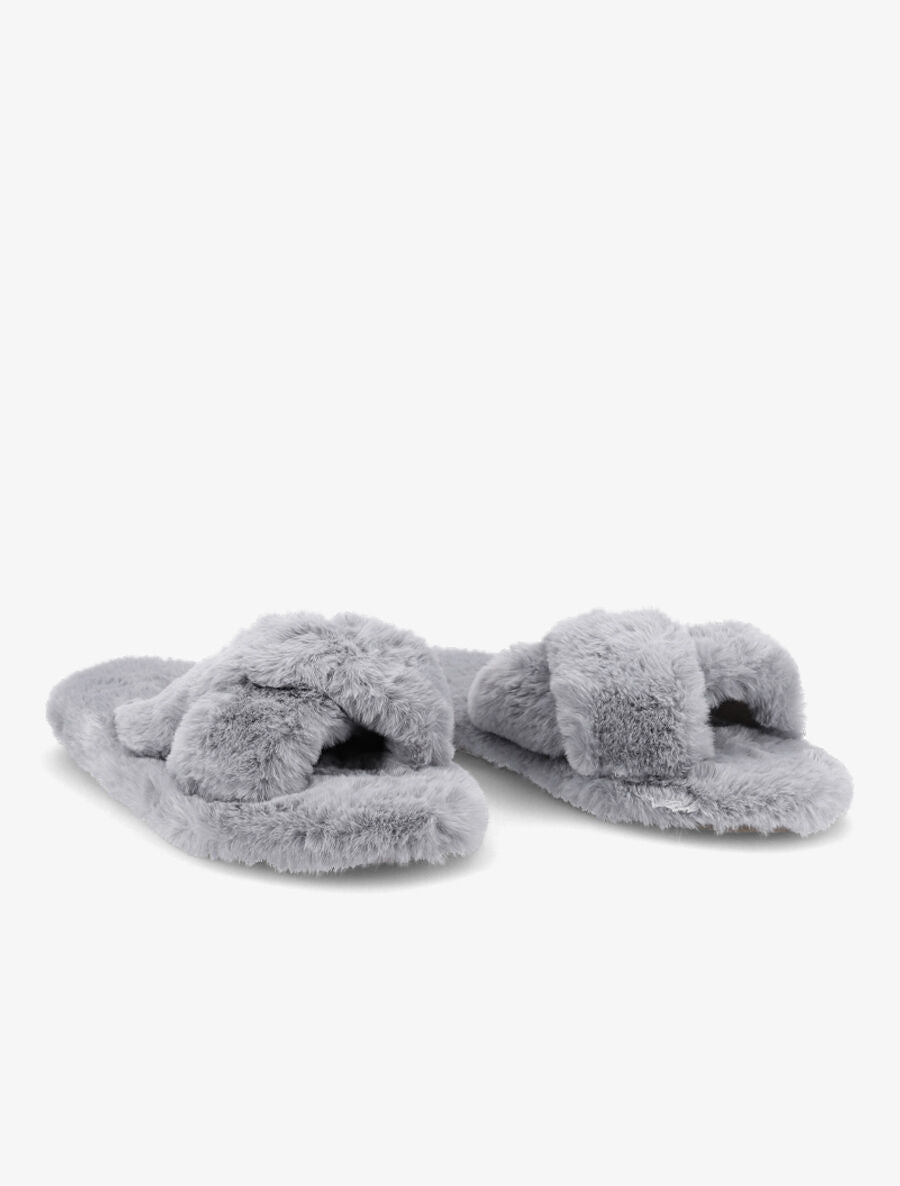Claquettes à ganses croisées en fourrure synthétique - Gris - 4
