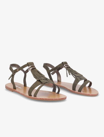 Nu-pieds frangés à boucle dorée - Kaki - 4