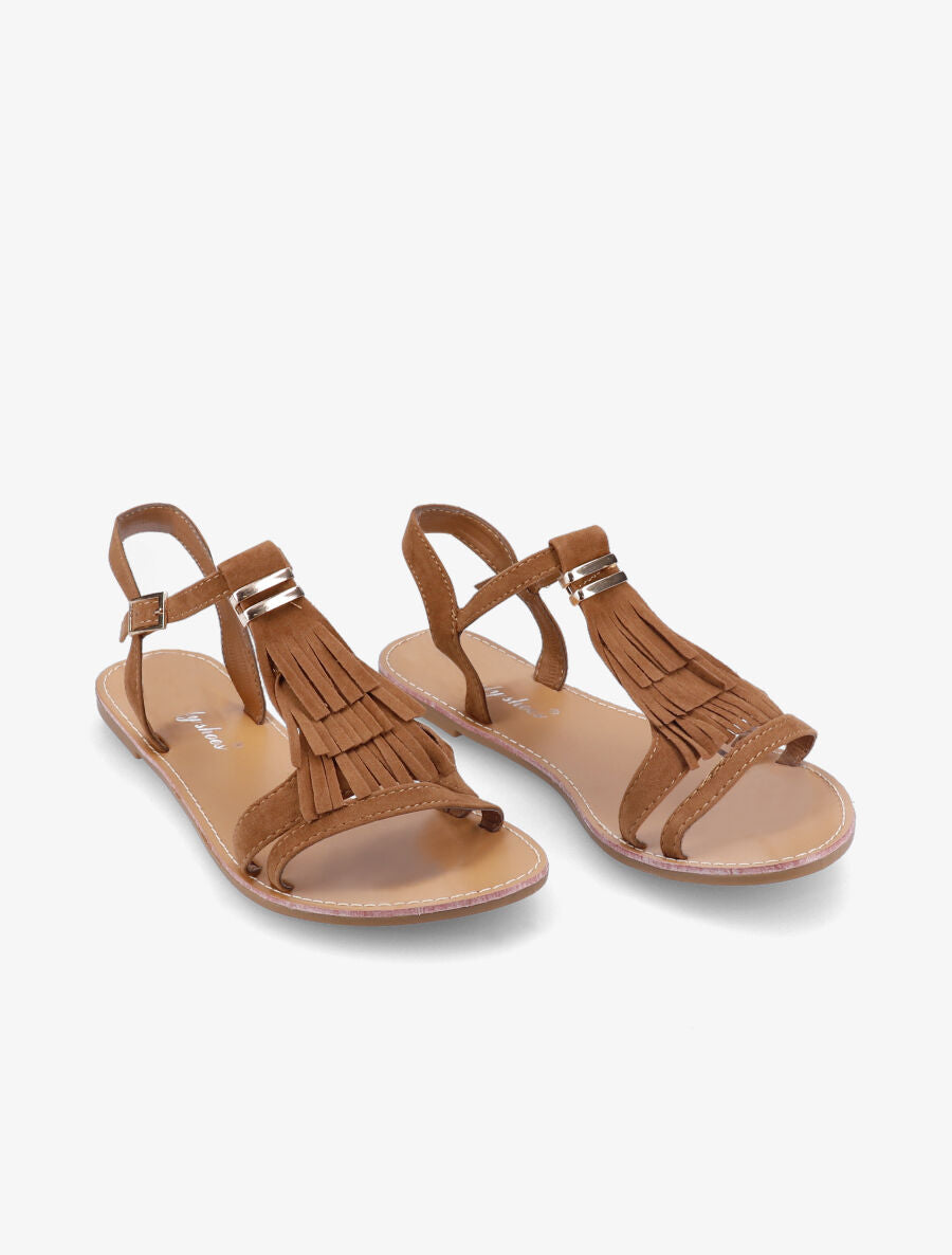 Nu-pieds frangés à boucle dorée - Camel - 4