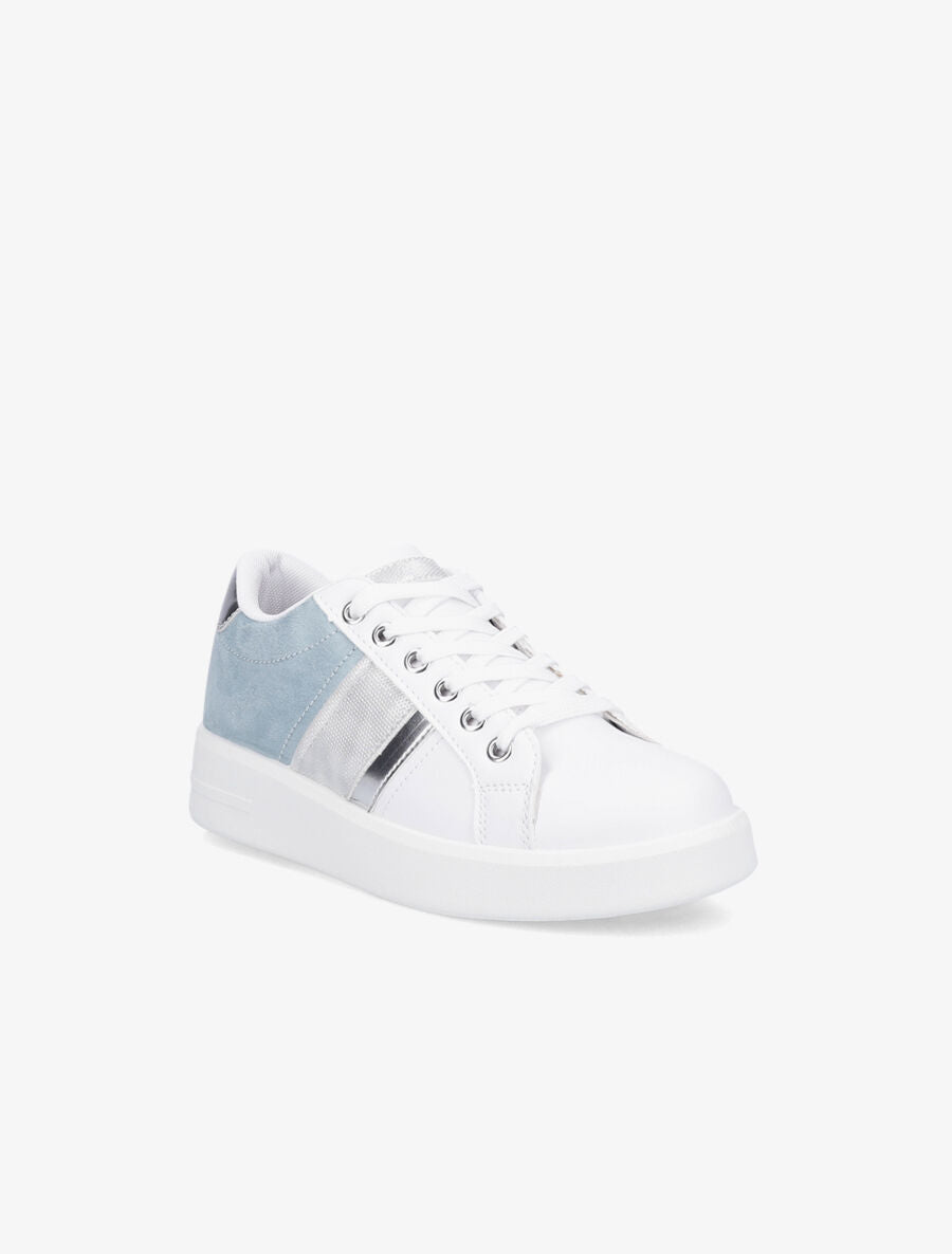 Sneakers bimatière et à bande irisée - Blanc/bleu layette - 2