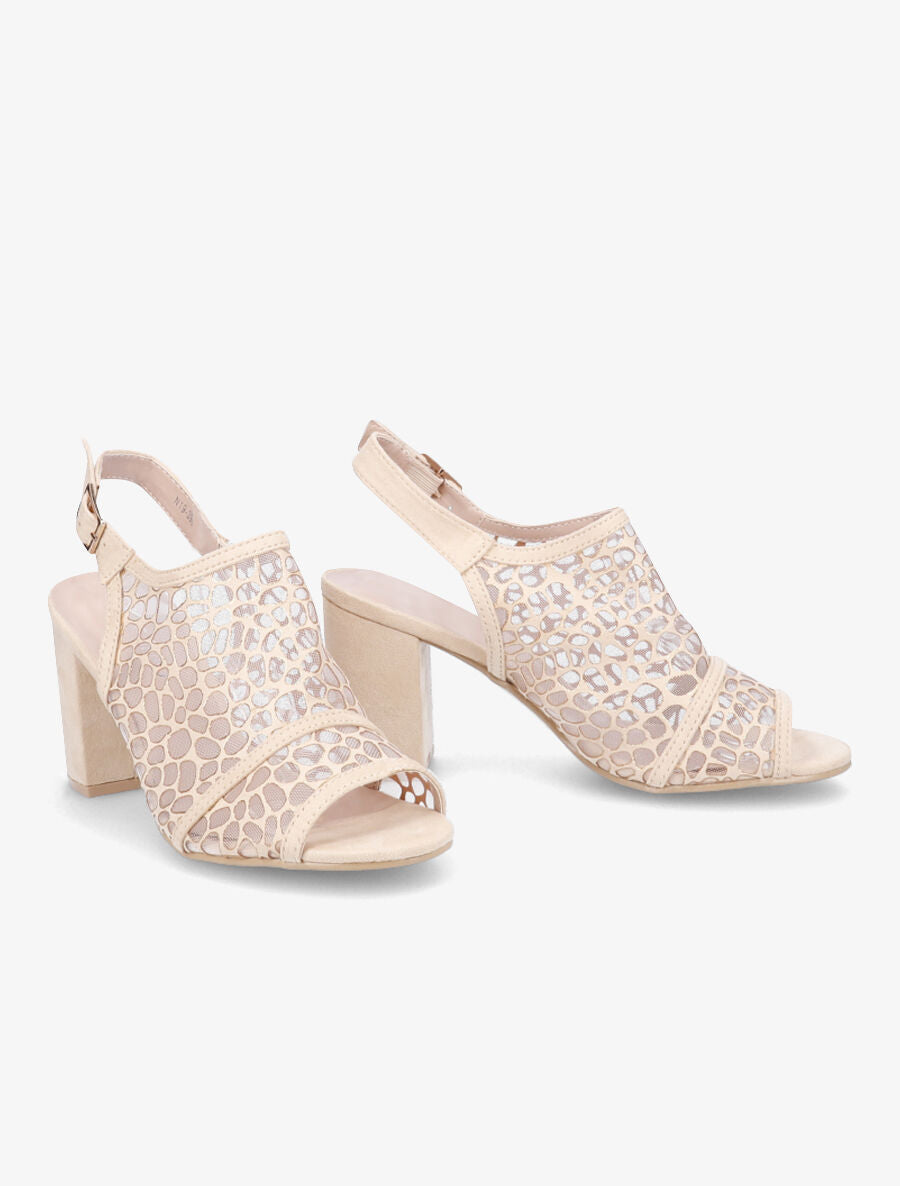 Sandales à talons ganse en tissu et suédine style voronoï - Beige - 4