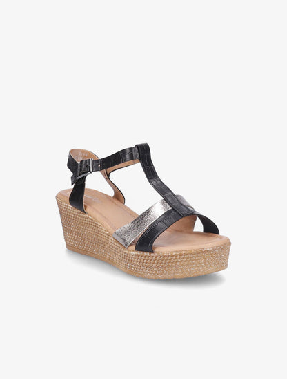 Sandales compensées à bride croco et irisé - Noir/or - 3