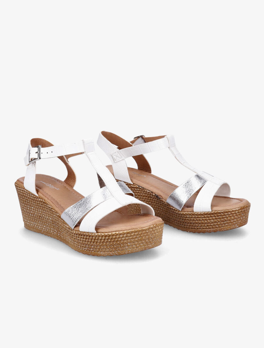 Sandales compensées à bride croco et irisé - Blanc/argent - 4