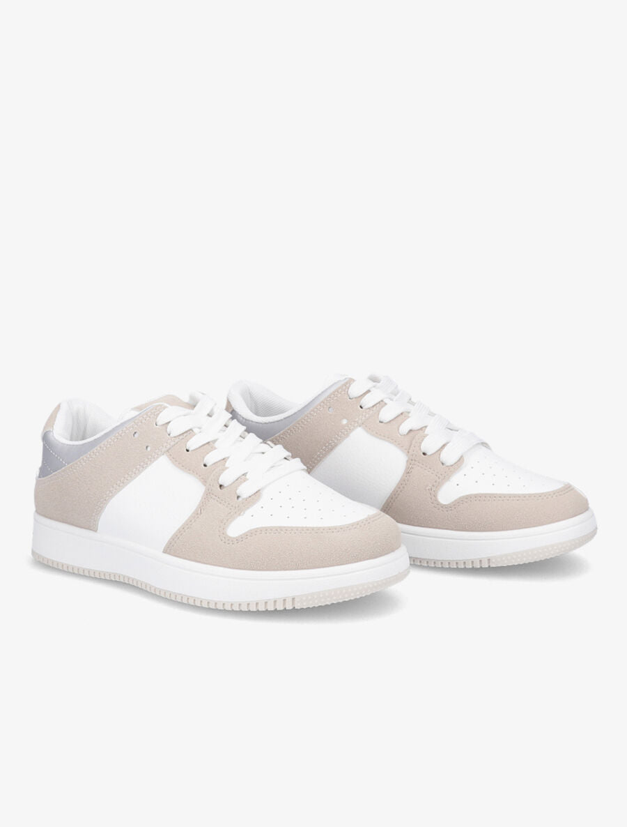 Sneakers bicolore en simili et suédine - Beige - 4