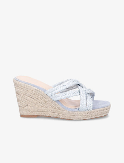 Mules à talons compensés en raphia - Bleu ciel - 1