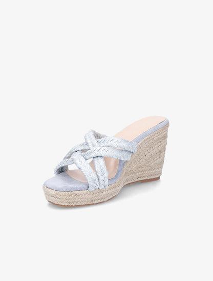 Mules à talons compensés en raphia - Bleu ciel - 3