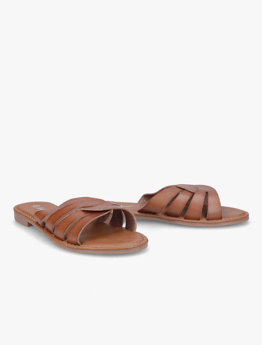 Mules plates à brides croisées stylisées - Camel - 4