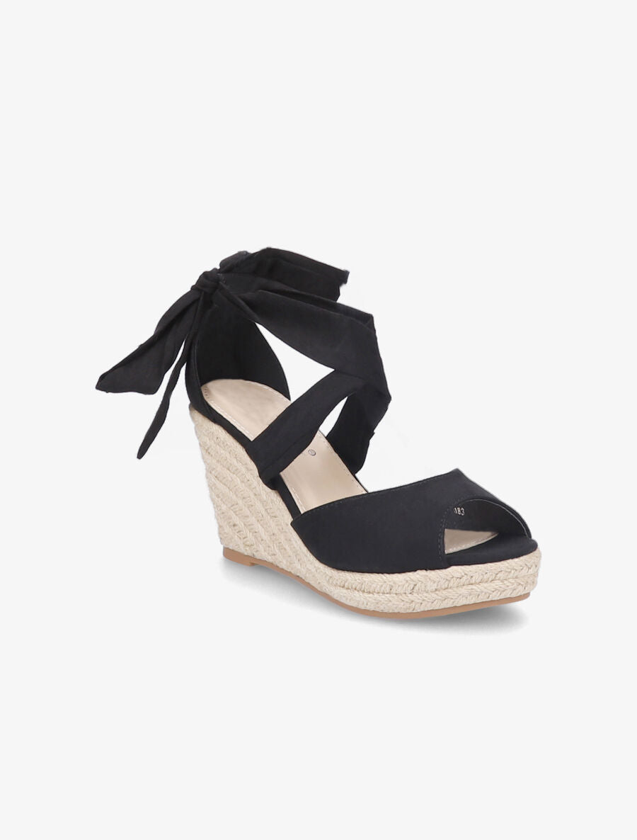 Espadrilles à talons compensés et liens en suédine - Noir - 2