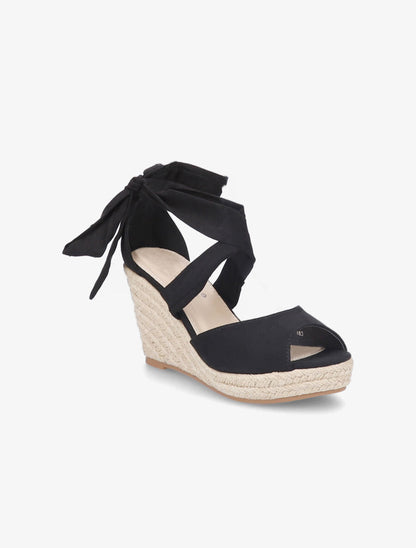 Espadrilles à talons compensés et liens en suédine - Noir - 2