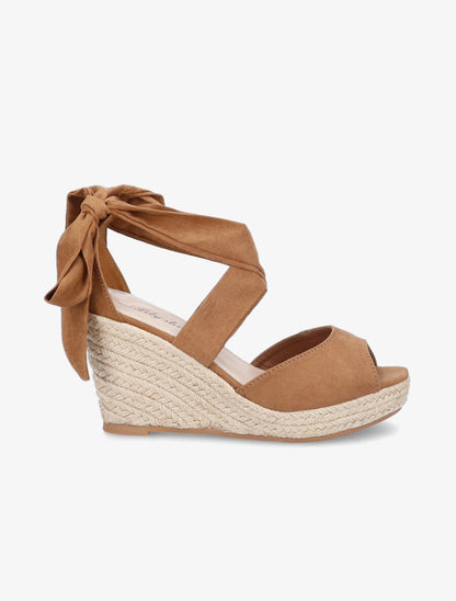 Espadrilles à talons compensés et liens en suédine - Camel - 5