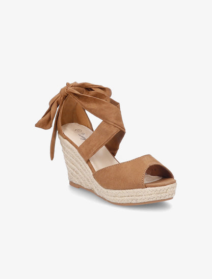 Espadrilles à talons compensés et liens en suédine - Camel - 2