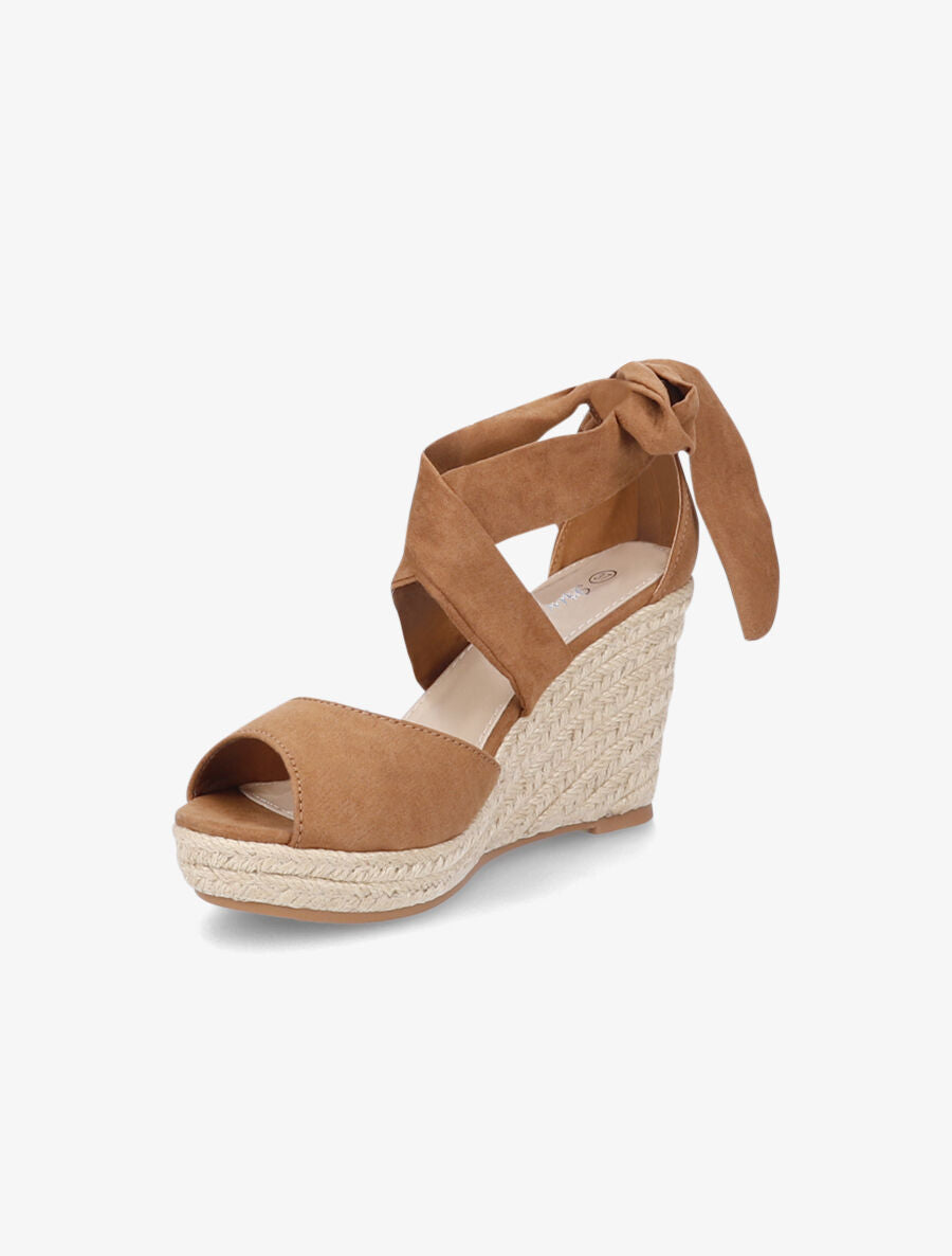 Espadrilles à talons compensés et liens en suédine - Camel - 3