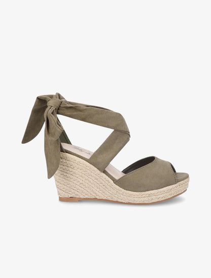 Espadrilles à talons compensés et liens en suédine - Kaki - 1
