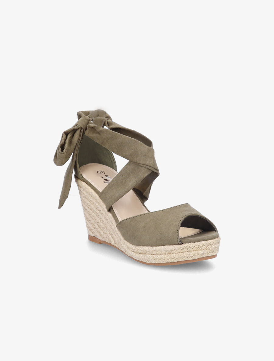 Espadrilles à talons compensés et liens en suédine - Kaki - 2