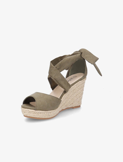 Espadrilles à talons compensés et liens en suédine - Kaki - 3