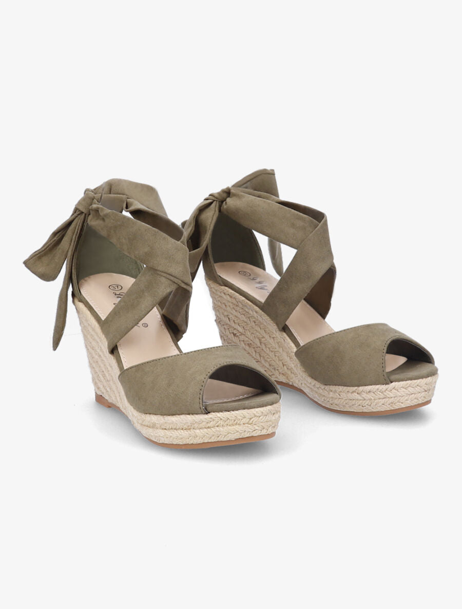 Espadrilles à talons compensés et liens en suédine - Kaki - 4