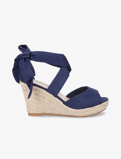 Espadrilles à talons compensés et liens en suédine - Marine - 5
