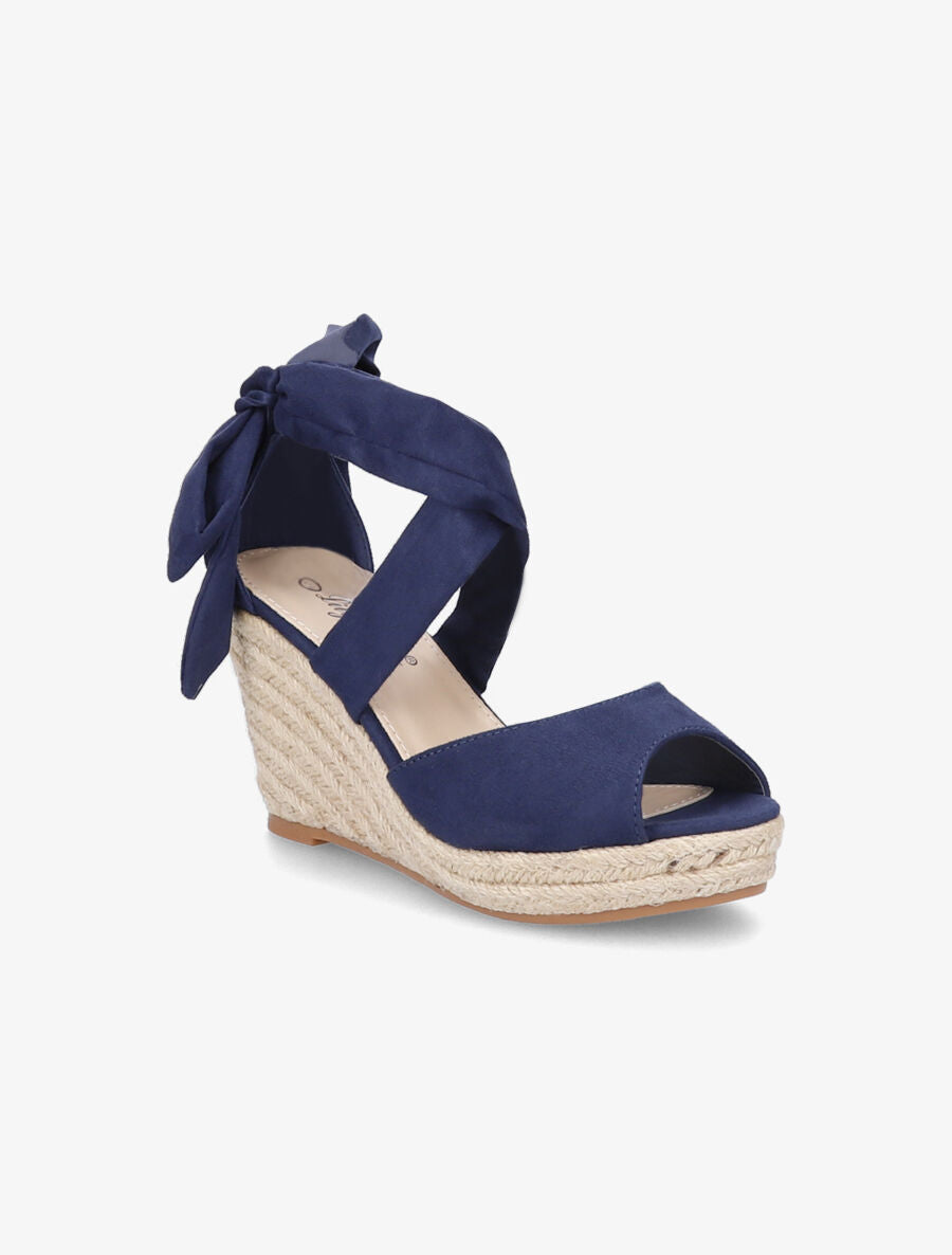 Espadrilles à talons compensés et liens en suédine - Marine - 2
