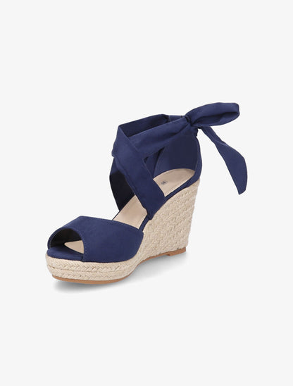 Espadrilles à talons compensés et liens en suédine - Marine - 3