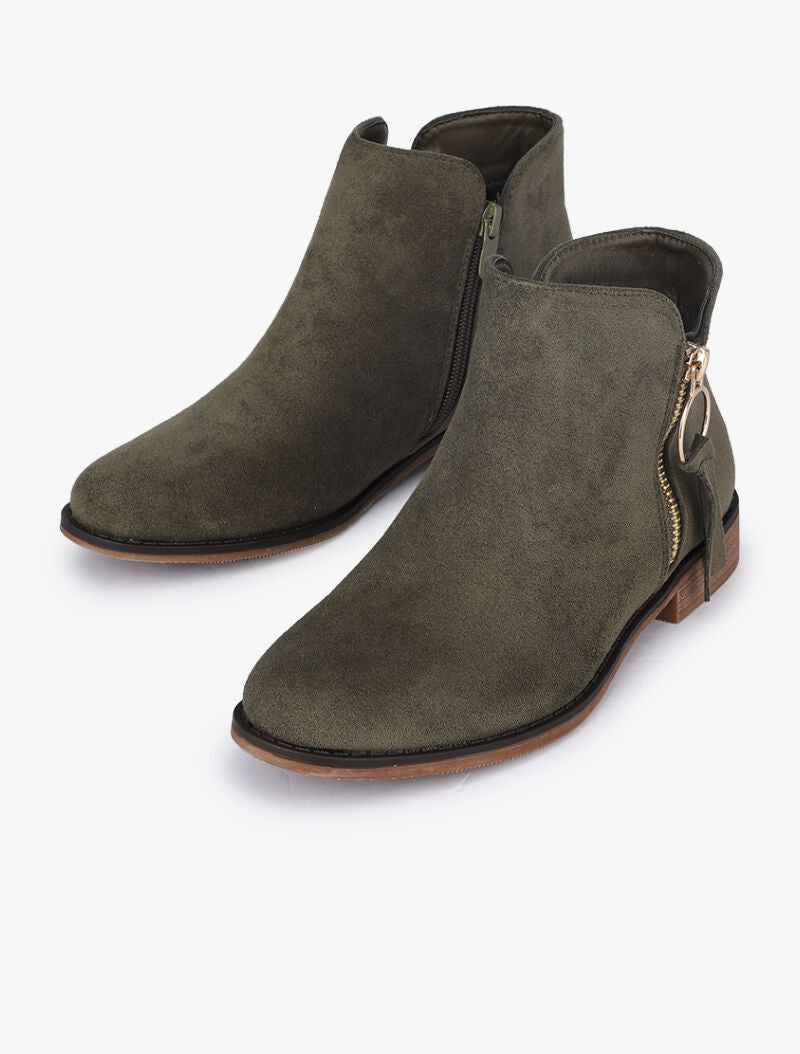 Bottines plates en suédine à zip décoratif - Kaki - 5