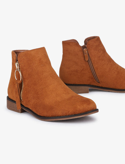 Bottines plates en suédine à zip décoratif - Camel - 1