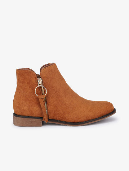 Bottines plates en suédine à zip décoratif - Camel - 2