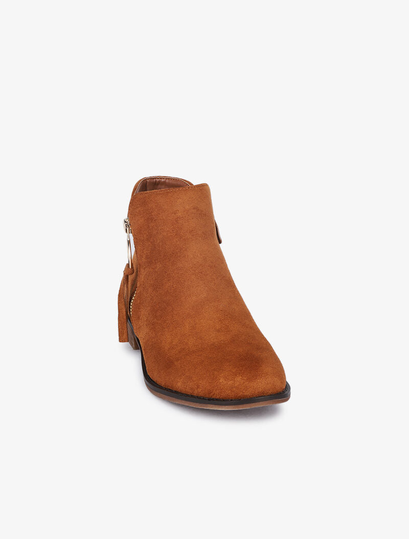 Bottines plates en suédine à zip décoratif - Camel - 3