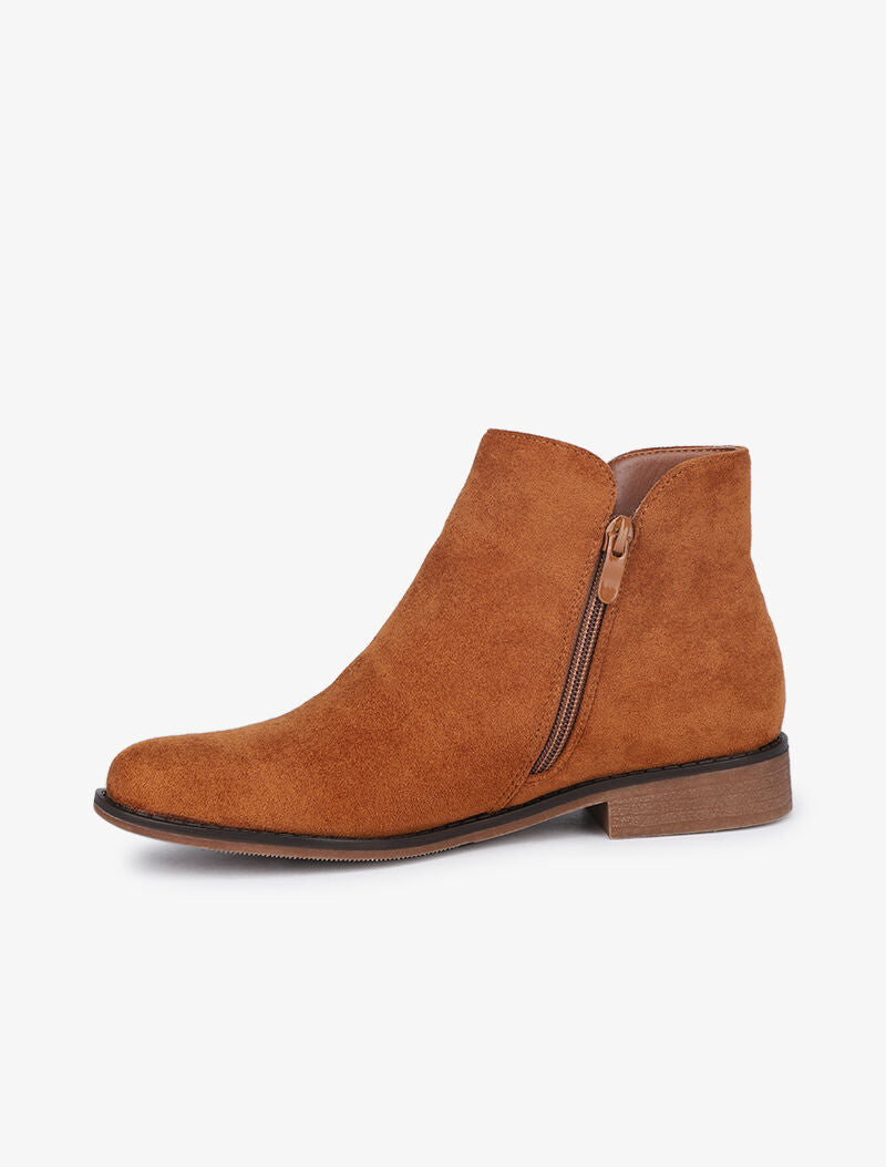 Bottines plates en suédine à zip décoratif - Camel - 4