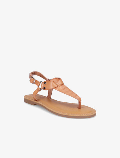 Nu pieds à bride en T effet croco - Camel - 5