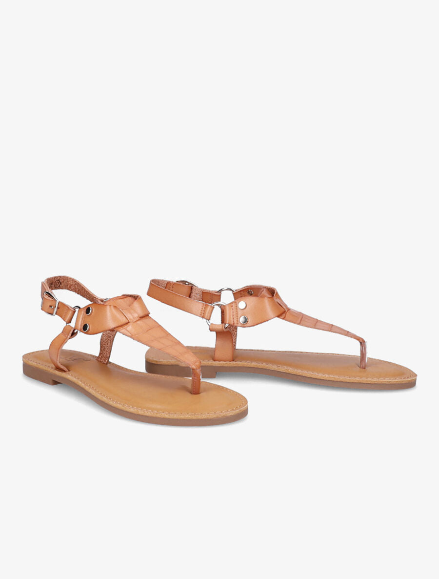 Nu pieds à bride en T effet croco - Camel - 4