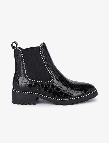 Boots effet croco vernis et détail billes argentées - Noir/argent - 5