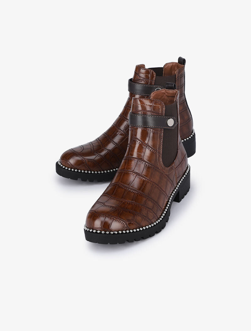 Bottines effet croco à détail billes - Camel - 5