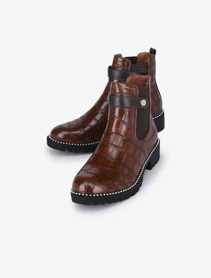 Bottines effet croco à détail billes - Camel - 5