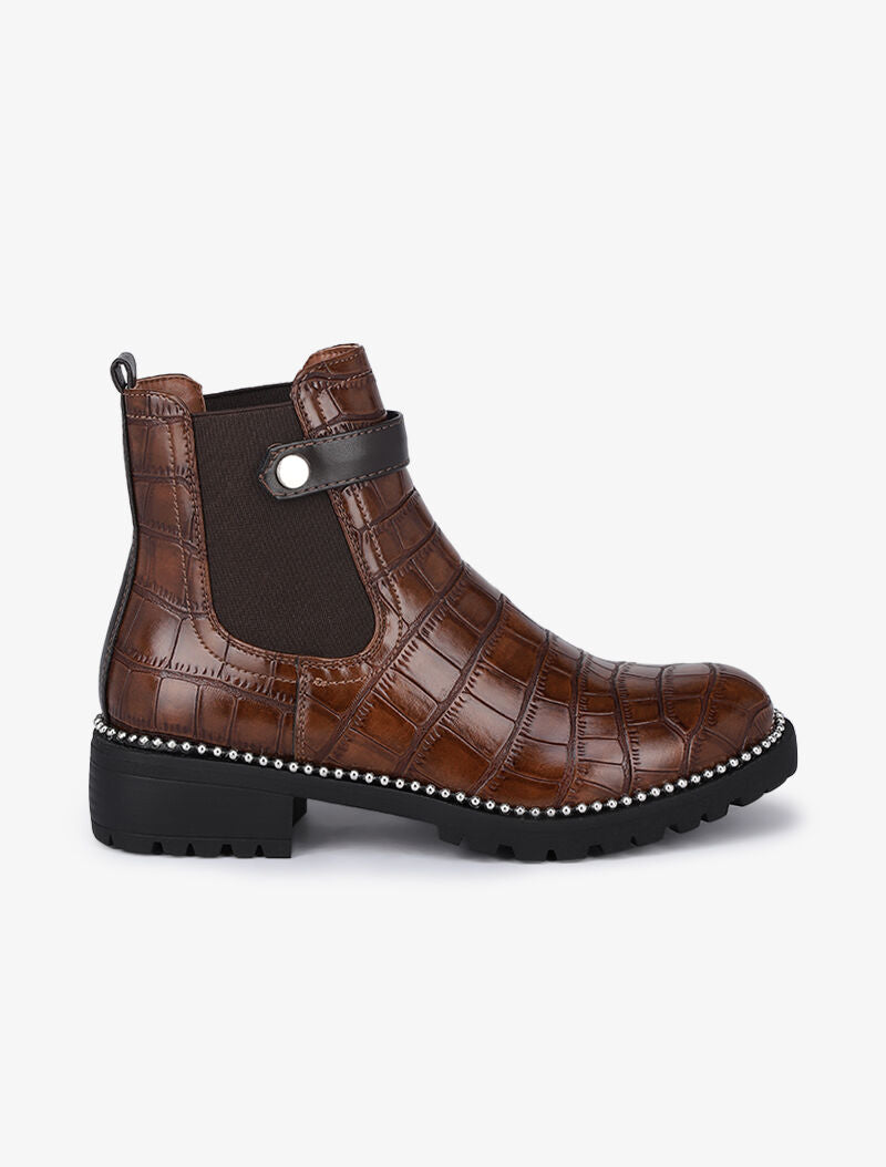 Bottines effet croco à détail billes - Camel - 2
