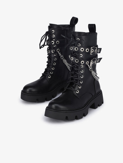 Boots style militaire à détails chaînes et sangles - Noir - 5