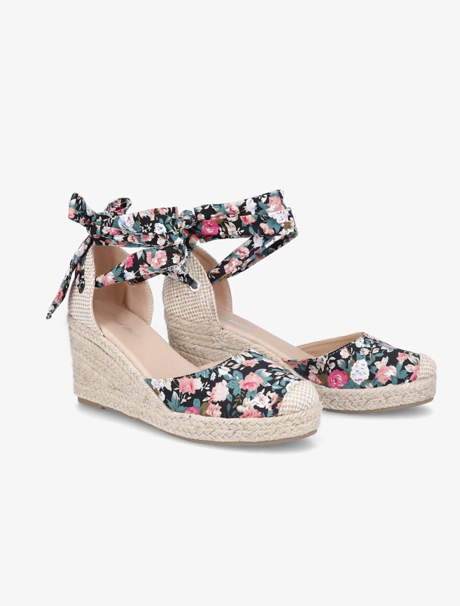 Espadrilles compensées imprimé fleuri - Noir - 4
