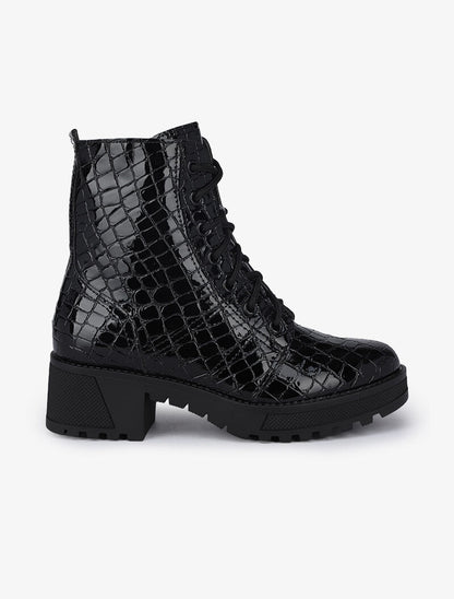 Rangers à semelles crantées effet croco vernis - Noir - 5