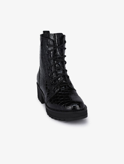 Rangers à semelles crantées effet croco vernis - Noir - 2