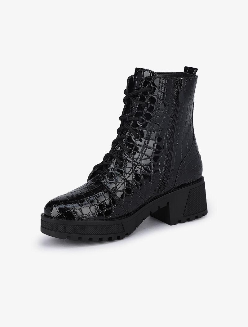 Rangers à semelles crantées effet croco vernis - Noir - 3